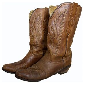 Old West Vintage Cowboy Western Boots Tan Embroidered Leather Size 10 LF1529
